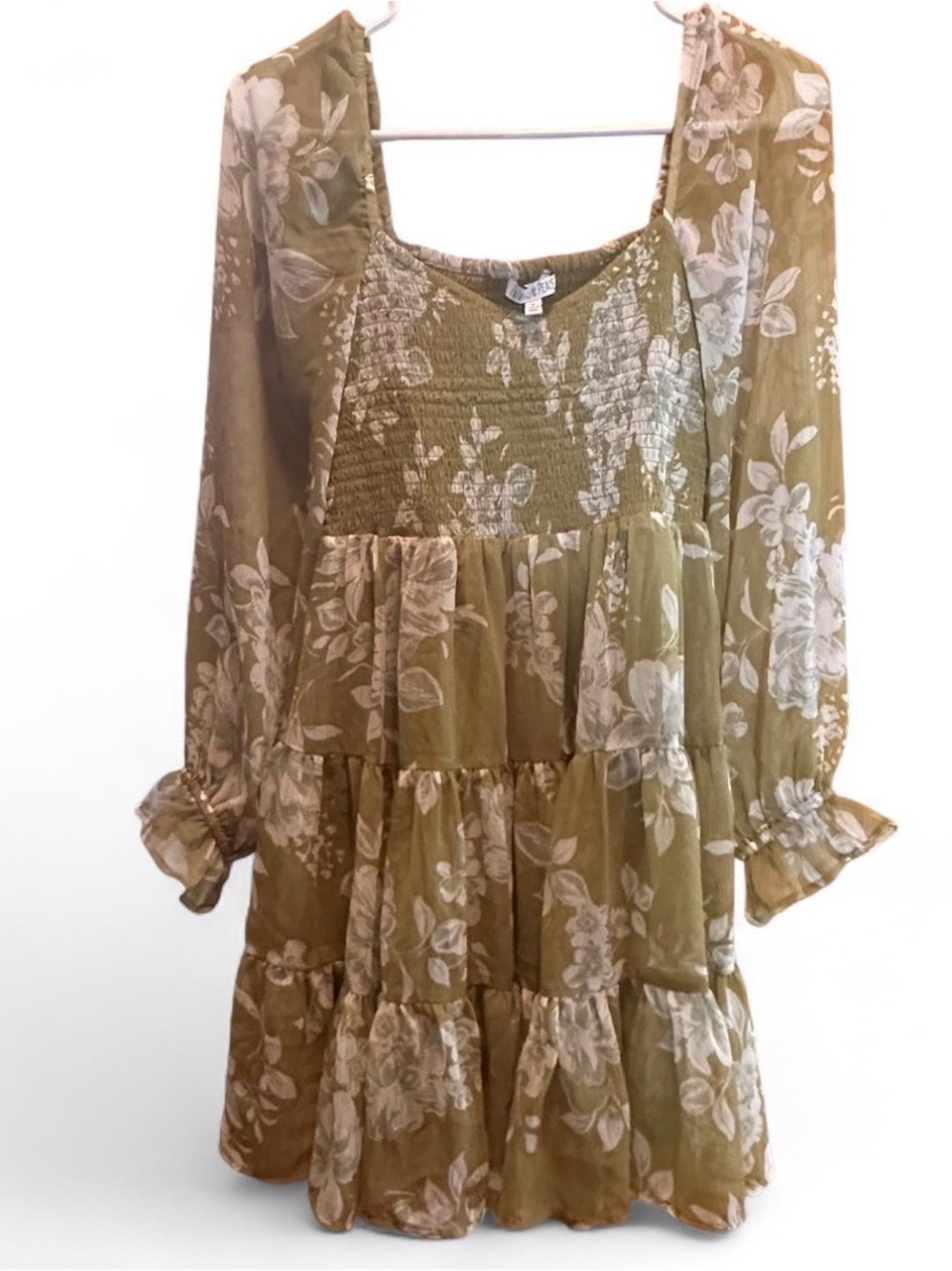 Patrons of Peace Green Floral Tiered Smocked Mini Dress Babydoll Small - Picture 3 of 9
